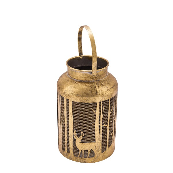 Laterne mit Henkel Hirsch und Drahtgitter gold antik Metall 25cm