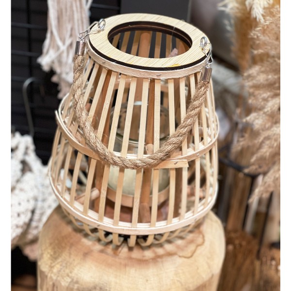 Deko Holz Windlicht, Boho, Rattan, 28cm