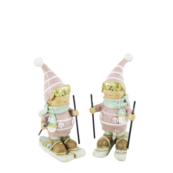 Dekofiguren, Skifahrer, Kinder mit Ski und Skibrille, rosa, 10cm, Polyresin