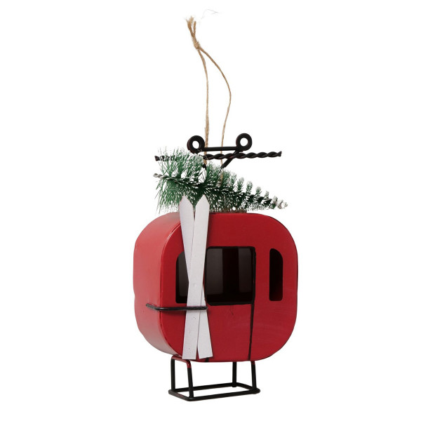 Deko Gondel Galero rot mit Tannenbaum und weißen Ski, Seilbahn, Skigondel aus Metall, 7x13cm