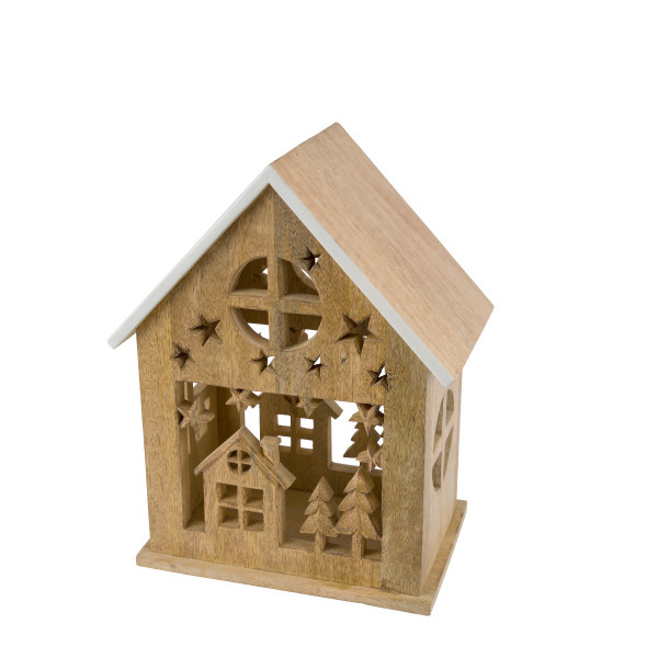 Deko Holzhaus Winter, massives Holzhaus mit Winter-Ausschnitt, Relief-Arbeit, weiß lackierte Dachkan