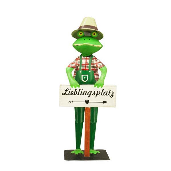 Deko Gärtner Frosch mit Schild, Lieblingsplatz, 52cm, Metall
