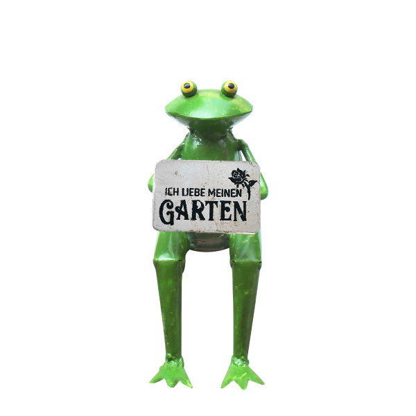 Deko Kantenhocker Frosch mit Schild: Ich liebe meinen Garten, kleiner Metallfrosch mit Badehose, 12c