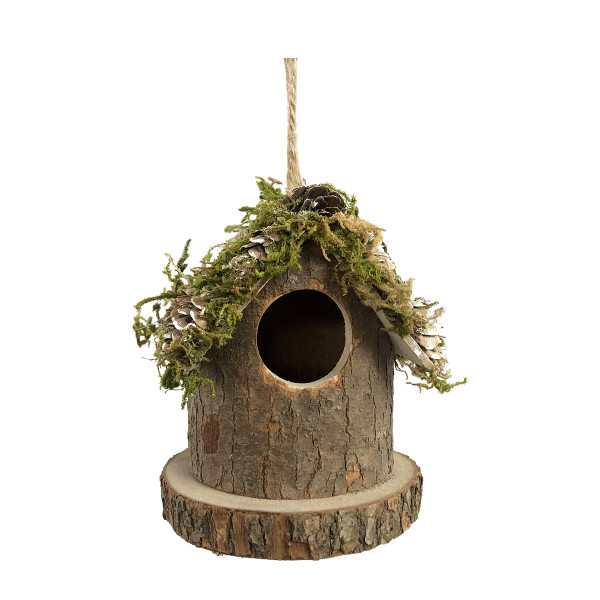 Kleines Deko Vogelhäuschen Natur, Holzhäuschen rund mit Moos, Naturholz und Zapfen, 12cm