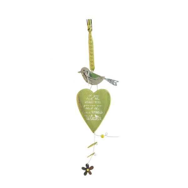 Deko Holz Herz mit Vogel, hellgrün, 30cm, Hänger
