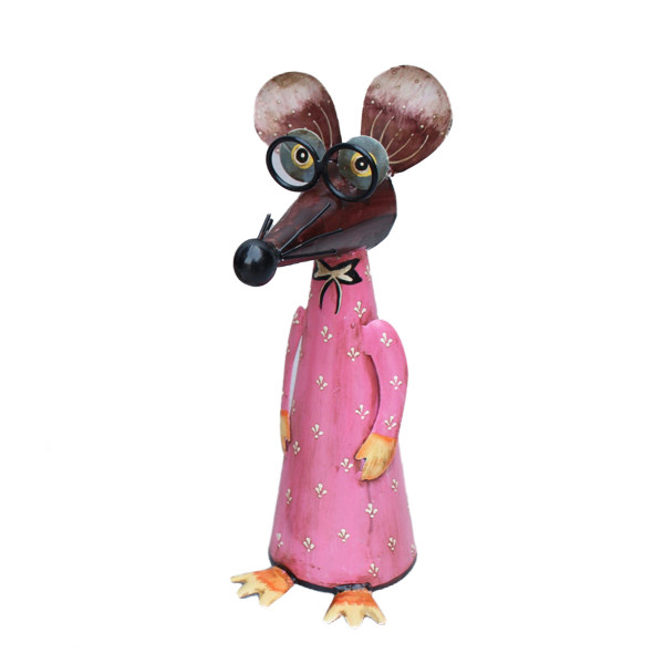 Zaunhocker Maus mit langer Nase und Brille, Metallmaus mit rosa Kleid, 30cm