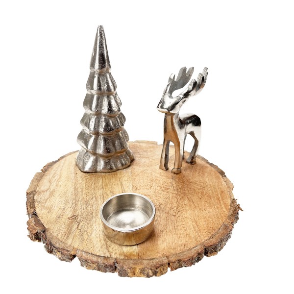 Teelichthalter Rentier + Tannenbaum silber Holztablett Ø22cm
