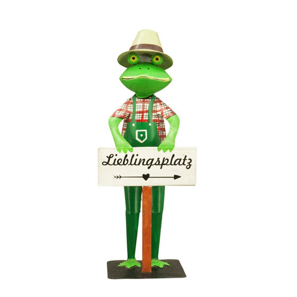 Deko Frosch Gärtner Lieblingsplatz, Metallfrosch mit Hut, grüner Latzhose und kariertem Hemd, 52cm